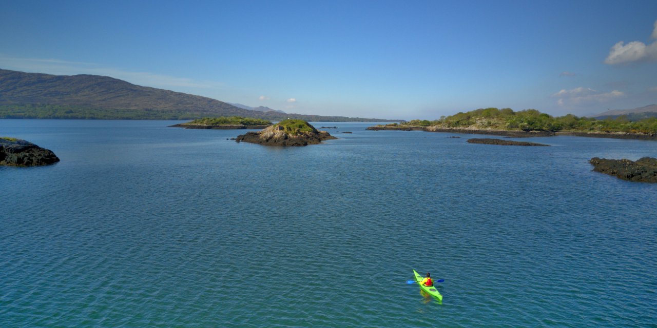 Wide lense photo of a kayak in the sea