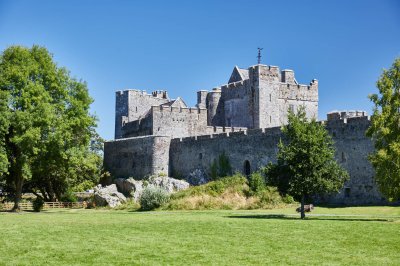 stone castle behind trees with blue sky